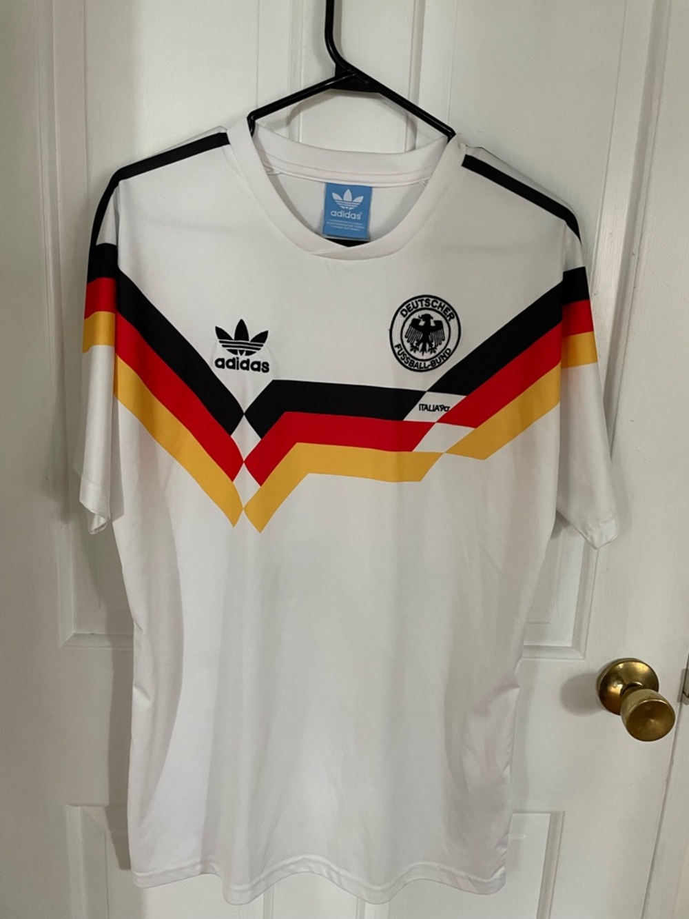 adidas White Soccer Tee with Black, Red & Yellow Chevron Stripes